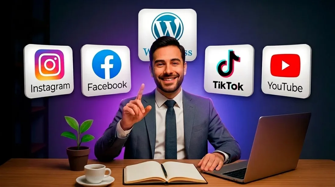 Empresario gestionando presencia en redes sociales con automatización