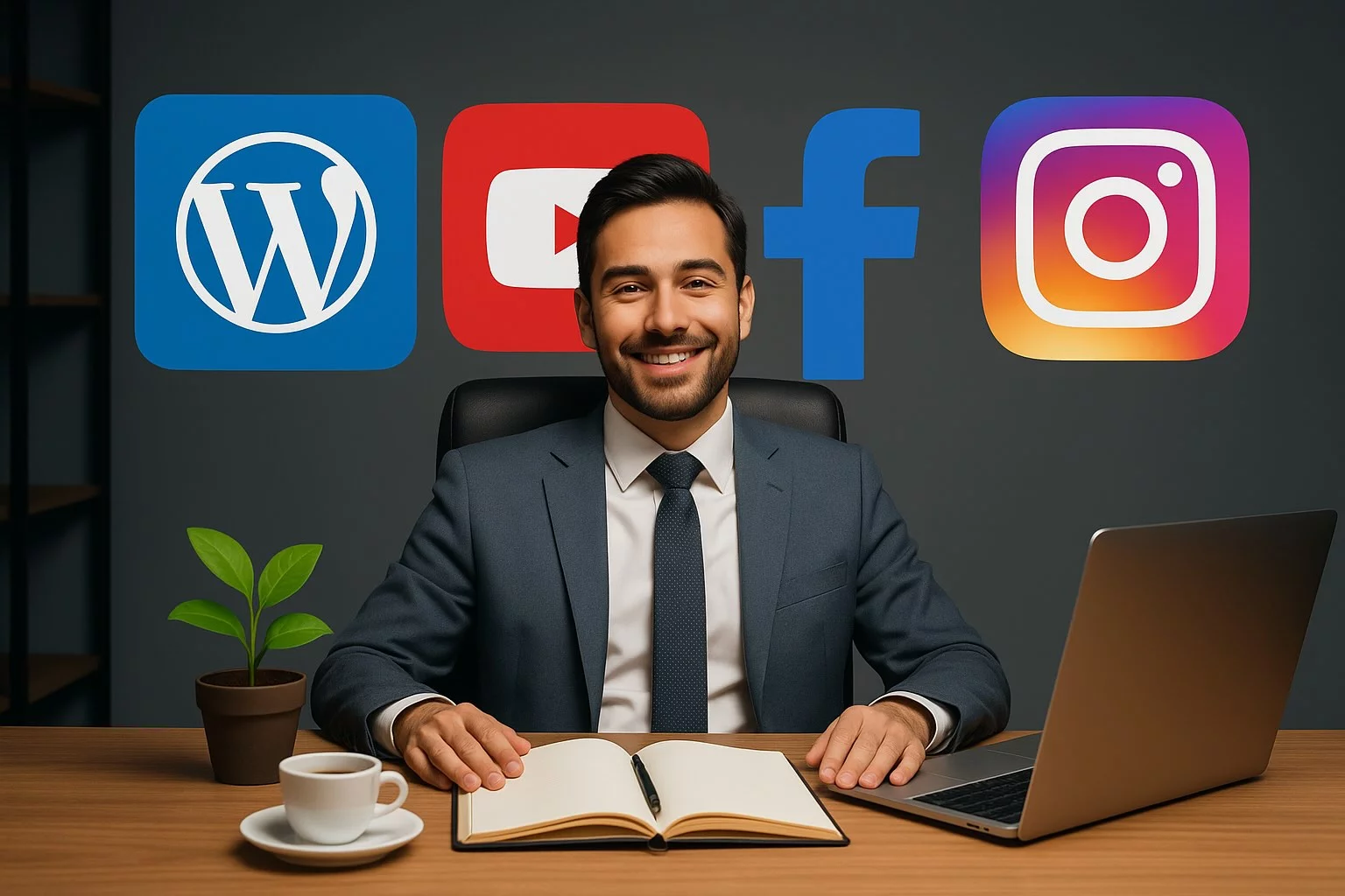 Empresario gestionando presencia en redes sociales con automatización